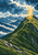 Mountain ridge with a winding path and tiny hiker beneath storm clouds and a shaft of golden sunlight.