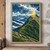 Mountain ridge with a winding path and tiny hiker beneath storm clouds and a shaft of golden sunlight.; frame shown for styling only