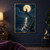 A small figure in a flowing red coat stands on a curved stone staircase above dark water, before a large full moon.; frame shown for styling only