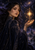 Dark-haired woman in a midnight-blue gown holding an open hand beneath a glowing amber star in a starry indigo scene.
