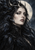 Close portrait of a woman in a feathered cloak beside a black raven, with a crescent-like crown and full moon behind her.