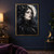 Close portrait of a woman in a feathered cloak beside a black raven, with a crescent-like crown and full moon behind her.; frame shown for styling only