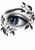 Frontal eye with a crescent in its dark blue iris, framed by white blossoms and dark leaves on white.