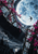 Large icy-blue moon with crack-like lines and a small black flying bird, framed by angular panes and magenta flowers above a dark landscape.