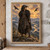 Armored raven-themed warrior with a long sword and two flying ravens above a winding river, forested valleys, and sunset mountains.; frame shown for styling only