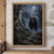 Black bear on a rocky forest path under a bright moon, surrounded by misty conifers and a gnarled tree.; frame shown for styling only