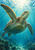 Detailed sea turtle swimming upward through turquoise water toward a bright surface, with small fish below.