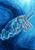 Cuttlefish with a spotted oval mantle and curling arms gliding through blue water beside a sweeping dark current and small bubbles.