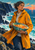 Adult in a saffron-yellow coat holding a turquoise bowl of glowing glass-like pieces among dark coastal cliffs and foaming water beneath an orange sun.