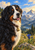 Chest-up tri-color Bernese mountain dog wearing a brass bell collar, with a blue flower, alpine meadow, lake and jagged mountains behind it.