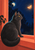 A charcoal-gray cat with golden eyes watches a glowing moth outside a coral-framed window at night.