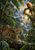 A spotted jaguar crouches on a fallen log and looks up toward a red macaw perched on a branch among tropical foliage.
