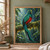 Emerald and turquoise bird with a red belly and long blue-green tail perched on a mossy branch beneath wet leaves and a hanging droplet.; frame shown for styling only