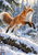 Russet red fox leaping above a snow-covered fallen log in a snowy forest, with pine branches and a snowflake near its nose.