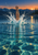Two lower legs and feet point above a broad splash in a teal mountain lake, with a pine-lined ridge and orange sunset.