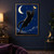 A black cat stretches upward toward a glowing golden moth beneath a crescent moon and scattered stars.; frame shown for styling only