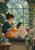 An adult woman reads an open book on a cushioned window bench while an orange tabby stretches across her lap, with plants and a rainy arched window behind them.