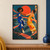 Two women in flowing cobalt and marigold dresses dance while clasping hands against a vermilion disc and dark teal backdrop.; frame shown for styling only