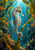 Iridescent seahorse hovering upright among kelp, tail curled around a kelp blade, with bubbles and turquoise light behind it.