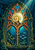 Luminous spiral nautilus-like shell inside a branching coral arch, with small fish in lower openings, bubbles, and a beam of light underwater.