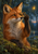 Red fox holding a brass field lens to one eye and looking toward a glowing insect, with a mossy log and blue-green dusk forest.