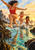 Three figures in red swimwear leap and splash through a shallow rocky tidepool, with reflective turquoise water, seaweed and a bright gold horizon.