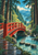 A bright red arched wooden bridge crosses a stream in a cedar forest, with rocks in the water and a white heron at the bank.
