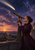 A woman in a deep-plum coat looks through a brass telescope toward a bright comet above a city skyline and observatory domes.