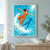 Barefoot woman in an orange belted jumpsuit floating diagonally above a turquoise pool, surrounded by a curling white splash and bright water reflections.; frame shown for styling only