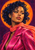 Adult woman with voluminous dark curls, gold star-shaped earrings, coral scarf, and fuchsia jacket against an orange circle and plum background.