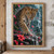 Frontal leopard stepping through heavy rain, its forepaw planted on a wet ledge among red tropical flowers and petals.; frame shown for styling only