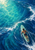 Overhead view of a lone adult surfer lying prone on a pale seafoam board amid a curling turquoise and deep-blue swell with white foam.