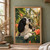 Black-and-white spaniel looking up at a brown bird perched on a brass watering-can spout in a leafy greenhouse.; frame shown for styling only
