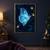 A large luminous blue moth with patterned open wings and three small glowing fireflies tracing dotted trails among dark leaves.; frame shown for styling only