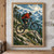 Helmeted cyclist in a red jacket rides a mountain bike across a rocky alpine ridge, with an alpine lake, layered peaks, pines, clouds, and a bright sun behind.; frame shown for styling only
