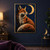 Red-orange fox with a curled tail gazing toward a golden crescent moon against a dark indigo star field.; frame shown for styling only
