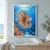 Striped lionfish with broad orange-and-cream fins swims through blue water near coral and a school of fish; “Reef in Motion” appears above.; frame shown for styling only