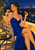 Adult woman in a cobalt dress holding a coupe glass and lemon twist on a rooftop terrace at night, with an illuminated skyline.