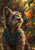 Shaggy charcoal-brown terrier wearing a deep teal vest beside a ripe apricot and leafy orchard branches.