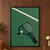Yellow tennis ball beside the string bed of a dark racket on a green court, with a diagonal white line and long shadows.; frame shown for styling only