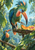 Two colorful long-beaked birds among glossy foliage, with the larger crested bird beside fruit on a feeding branch and a smaller bird below.