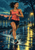 Adult woman runner in coral athletic clothing splashing through water on a tree-lined park path at dusk, with smaller runners in the distance.