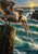 Brown-and-cream pelican with partly raised wings leaning toward a small fish from a weathered piling above choppy teal water.