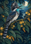 Crested black-and-white bird with open beak perched on a diagonal flowering branch amid indigo foliage, yellow flowers, berries, and moonlight.