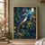 Crested black-and-white bird with open beak perched on a diagonal flowering branch amid indigo foliage, yellow flowers, berries, and moonlight.; frame shown for styling only