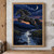 Charcoal-gray horse leaping above a rocky stream beneath a crescent moon, with mountains and silhouetted trees in the distance.; frame shown for styling only