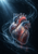 Realistic human heart floating in a dark watery space, surrounded by pale blue currents and bubbles with a glowing red-orange line.