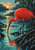 Bright red ibis wading among dark mangrove roots with its curved bill lowered toward teal water at sunset.