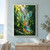 Translucent turquoise butterfly hovering between large green jungle leaves, with orange flowers, a waterfall, and a blue pool behind it.; frame shown for styling only