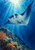 A large manta ray glides through blue water above a diagonal coral reef, small fish and sunbeams.